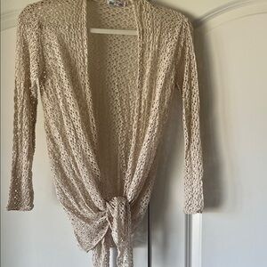 Open Crochet Tie-Front Cardigan Sweater in Cream